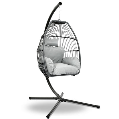 Gardeon Outdoor Egg Swing Chair Wicker Rope Furniture Pod Stand Cushion Grey HM-EGG-ROPE-S-GREY