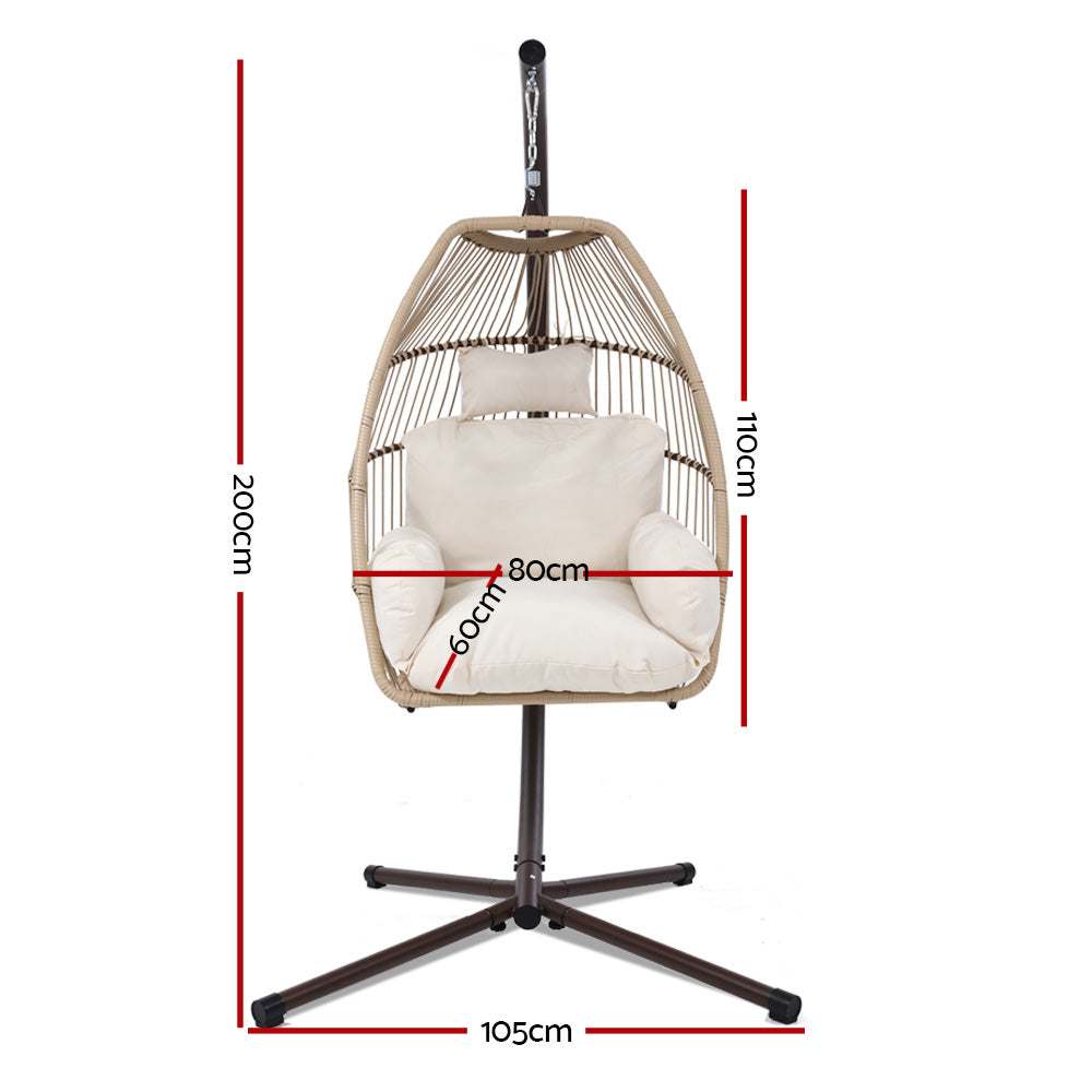 Gardeon Outdoor Egg Swing Chair Hanging Chair Wicker Rope Pod Stand Cushion Latte HM-EGG-ROPE-S-LACR