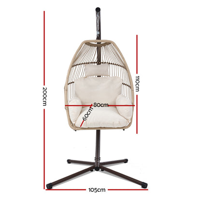Gardeon Outdoor Egg Swing Chair Hanging Chair Wicker Rope Pod Stand Cushion Latte HM-EGG-ROPE-S-LACR