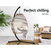 Gardeon Outdoor Egg Swing Chair Hanging Chair Wicker Rope Pod Stand Cushion Latte HM-EGG-ROPE-S-LACR