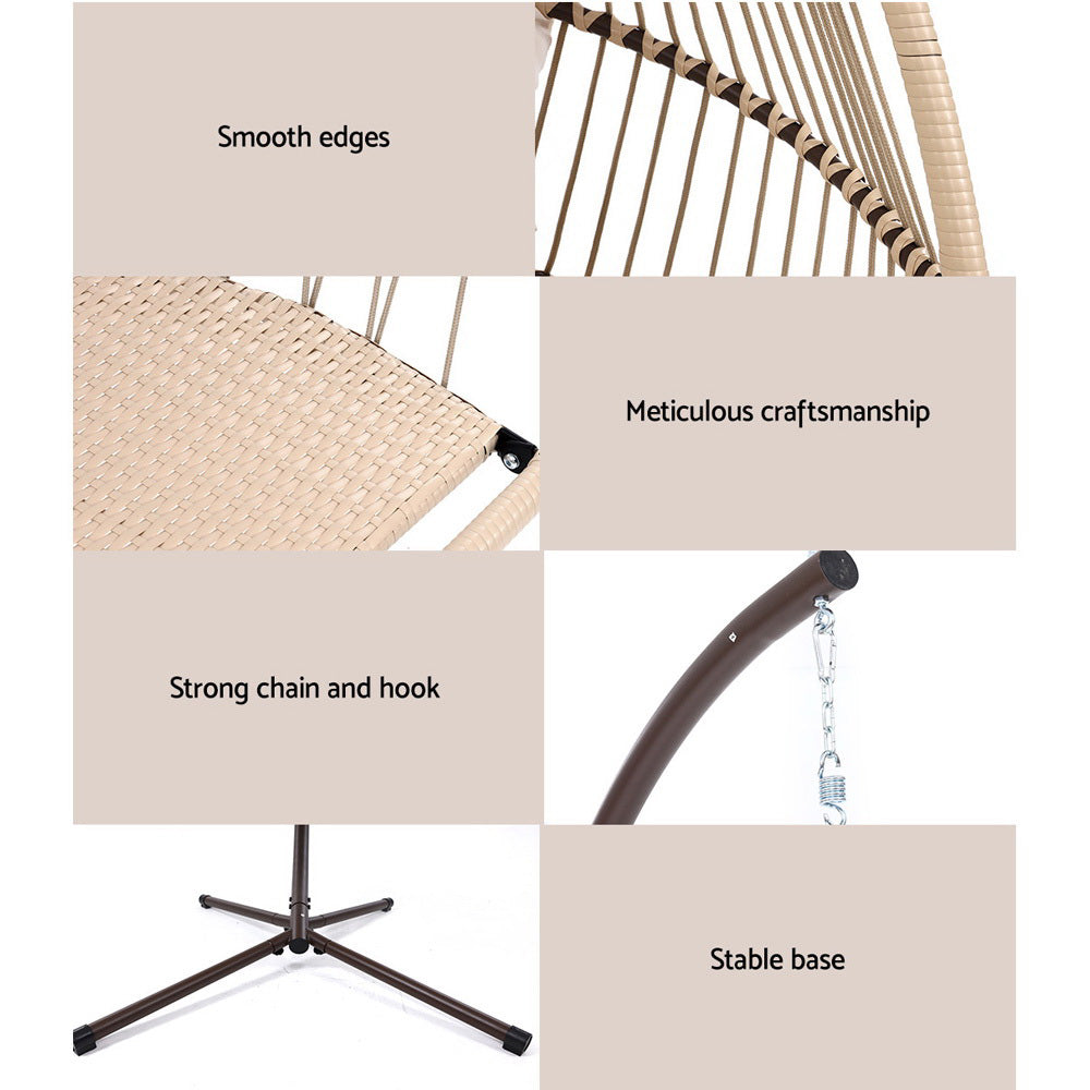 Gardeon Outdoor Egg Swing Chair Hanging Chair Wicker Rope Pod Stand Cushion Latte HM-EGG-ROPE-S-LACR