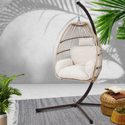 Gardeon Outdoor Egg Swing Chair Hanging Chair Wicker Rope Pod Stand Cushion Latte HM-EGG-ROPE-S-LACR