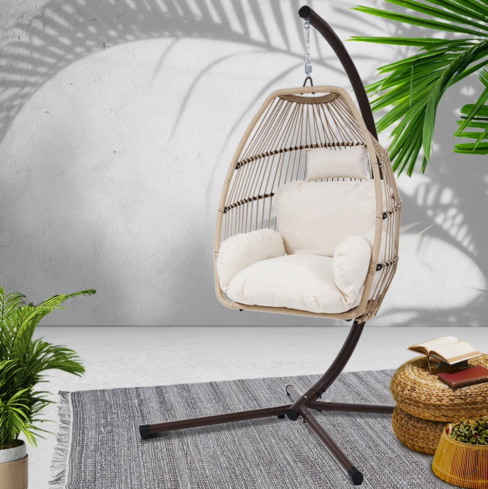 Gardeon Outdoor Egg Swing Chair Hanging Chair Wicker Rope Pod Stand Cushion Latte HM-EGG-ROPE-S-LACR