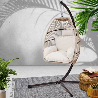 Gardeon Outdoor Egg Swing Chair Hanging Chair Wicker Rope Pod Stand Cushion Latte HM-EGG-ROPE-S-LACR