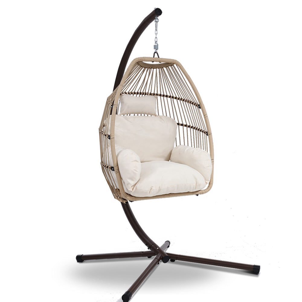 Gardeon Outdoor Egg Swing Chair Hanging Chair Wicker Rope Pod Stand Cushion Latte HM-EGG-ROPE-S-LACR