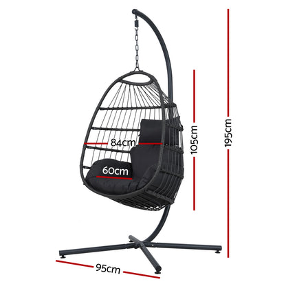 Gardeon Outdoor Egg Swing Chair Hanging Chair Wicker Rope Pod Stand Foldable Grey HM-EGG-ROPE-XD-GREY