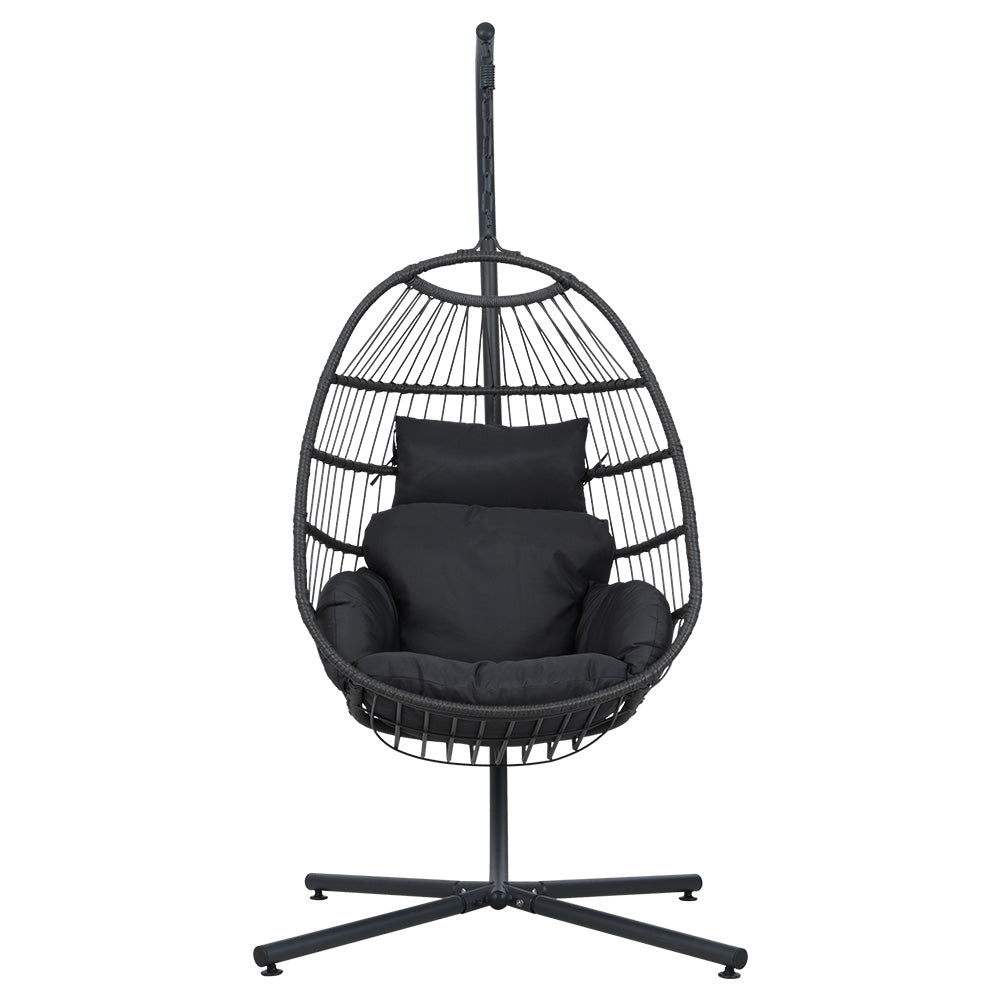 Gardeon Outdoor Egg Swing Chair Hanging Chair Wicker Rope Pod Stand Foldable Grey HM-EGG-ROPE-XD-GREY