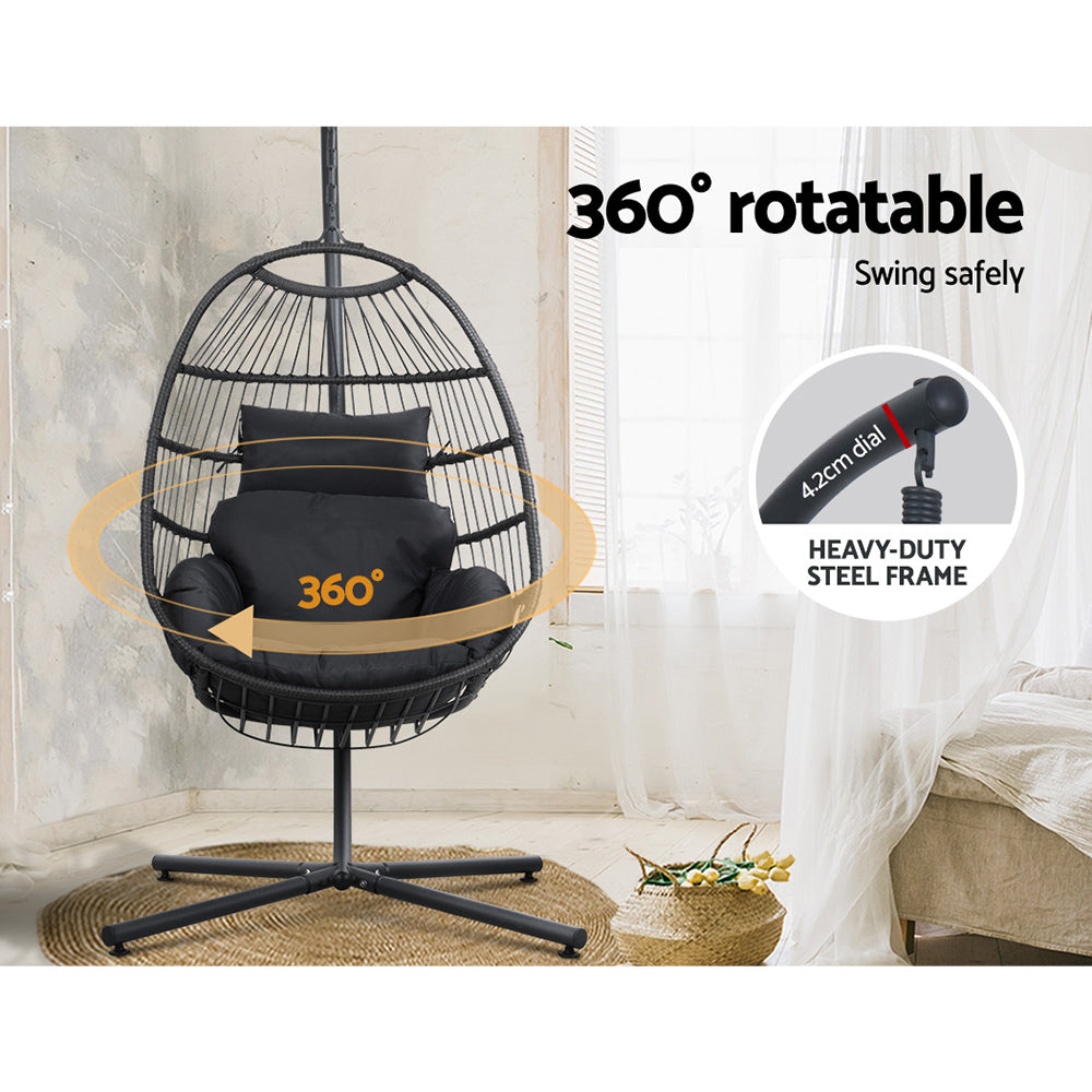 Gardeon Outdoor Egg Swing Chair Hanging Chair Wicker Rope Pod Stand Foldable Grey HM-EGG-ROPE-XD-GREY