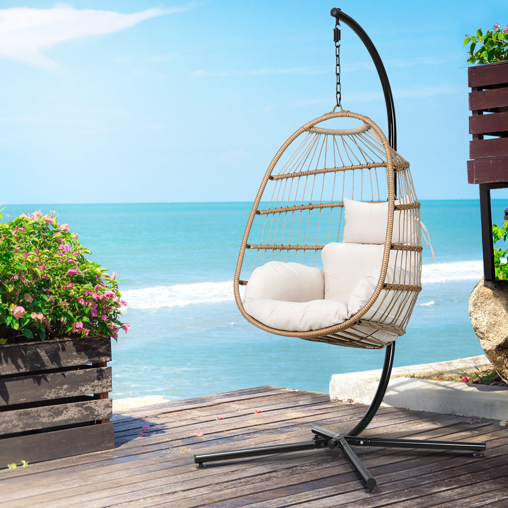 Gardeon Outdoor Egg Swing Chair Wicker Rope Furniture Pod Stand Foldable Yellow HM-EGG-ROPE-XD-YE