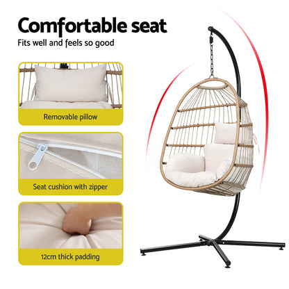 Gardeon Outdoor Egg Swing Chair Wicker Rope Furniture Pod Stand Foldable Yellow HM-EGG-ROPE-XD-YE