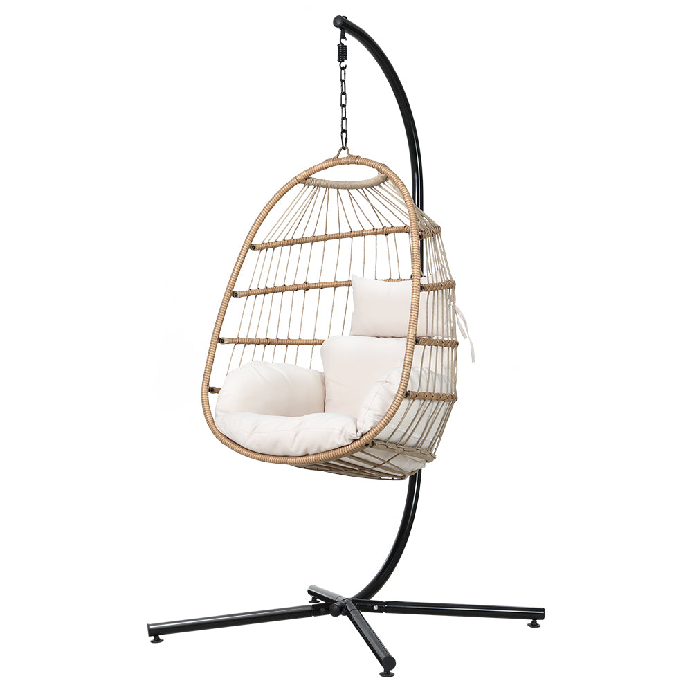 Gardeon Outdoor Egg Swing Chair Wicker Rope Furniture Pod Stand Foldable Yellow HM-EGG-ROPE-XD-YE