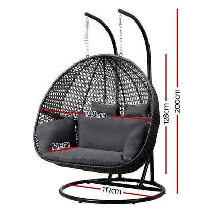 Gardeon Outdoor Egg Swing Chair Wicker Furniture Pod Stand Cushion 2 Seater Grey HM-EGG-TAT-D-J-BKGR-AB