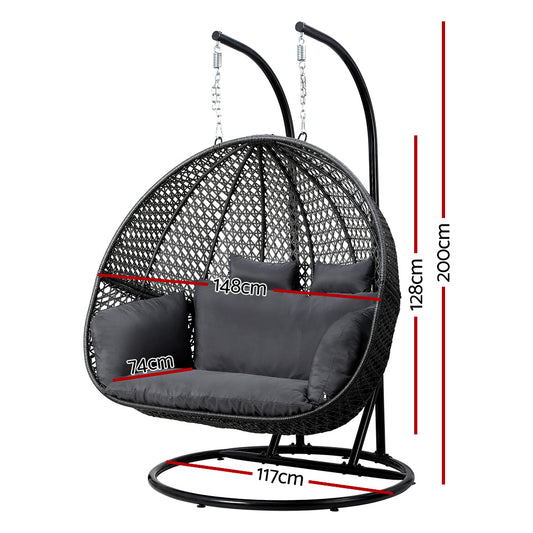 Gardeon Outdoor Egg Swing Chair Wicker Furniture Pod Stand Cushion 2 Seater Grey HM-EGG-TAT-D-J-BKGR-AB