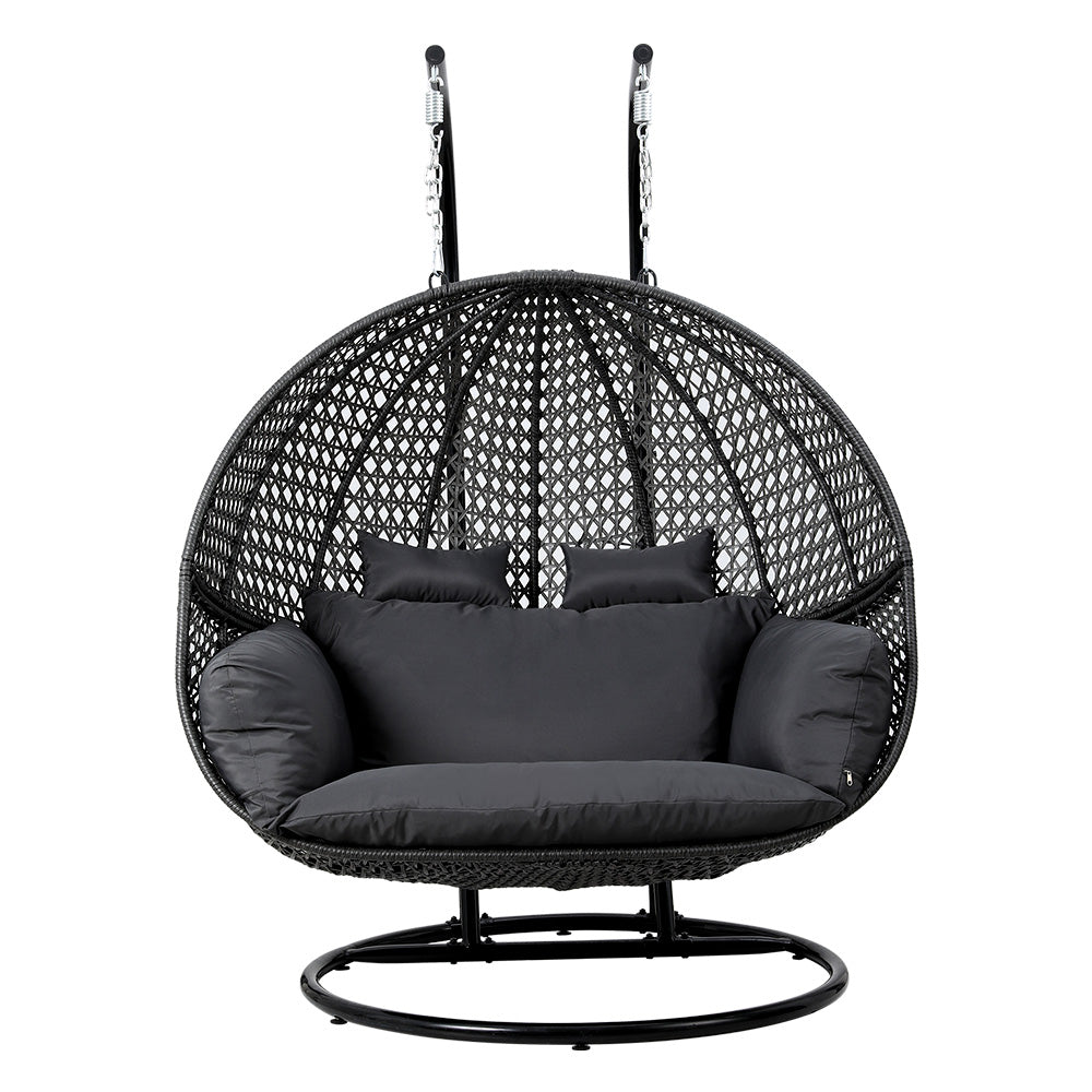 Gardeon Outdoor Egg Swing Chair Wicker Furniture Pod Stand Cushion 2 Seater Grey HM-EGG-TAT-D-J-BKGR-AB