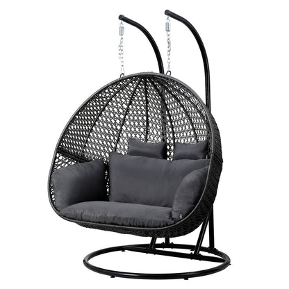 Gardeon Outdoor Egg Swing Chair Wicker Furniture Pod Stand Cushion 2 Seater Grey HM-EGG-TAT-D-J-BKGR-AB