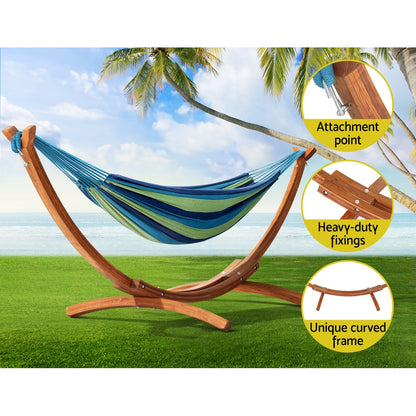 Gardeon Hammock Bed Outdoor Camping Timber Hammock Wooden Stand HM-TIM-ARC-DOU-BLUE