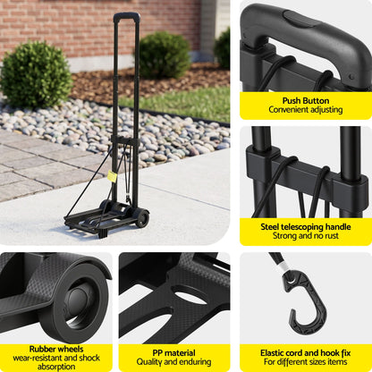 Giantz Folding Trolley Portable Hand Truck Lightweight Travel Luggage Black HP-CART-2W-BK