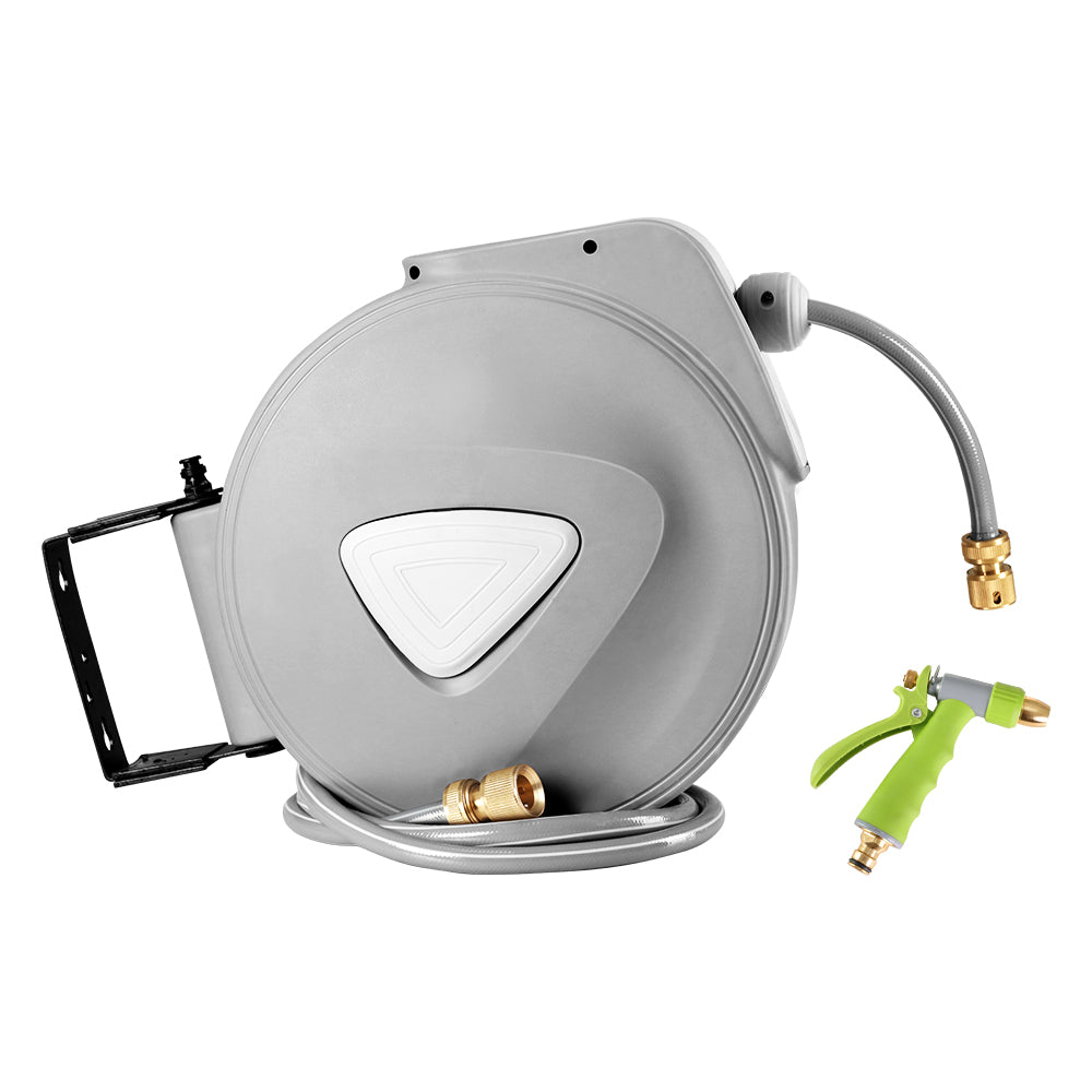 Water Hose Reel 20M Retractable Auto Rewind Garden Brass Spray Gun HR-WA-AUTO-20M-MTL