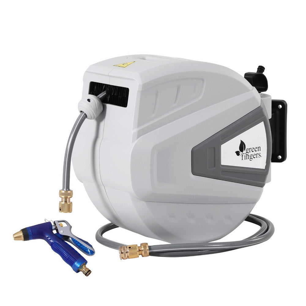 Green Fingers 30M Water Hose Reel Retractable Auto Rewind Wall Mount Garden Spray Gun HR-WA-AUTO-N-30M-MTL