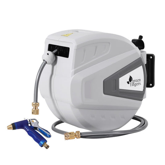 Green Fingers 30M Water Hose Reel Retractable Auto Rewind Wall Mount Garden Spray Gun HR-WA-AUTO-N-30M-MTL