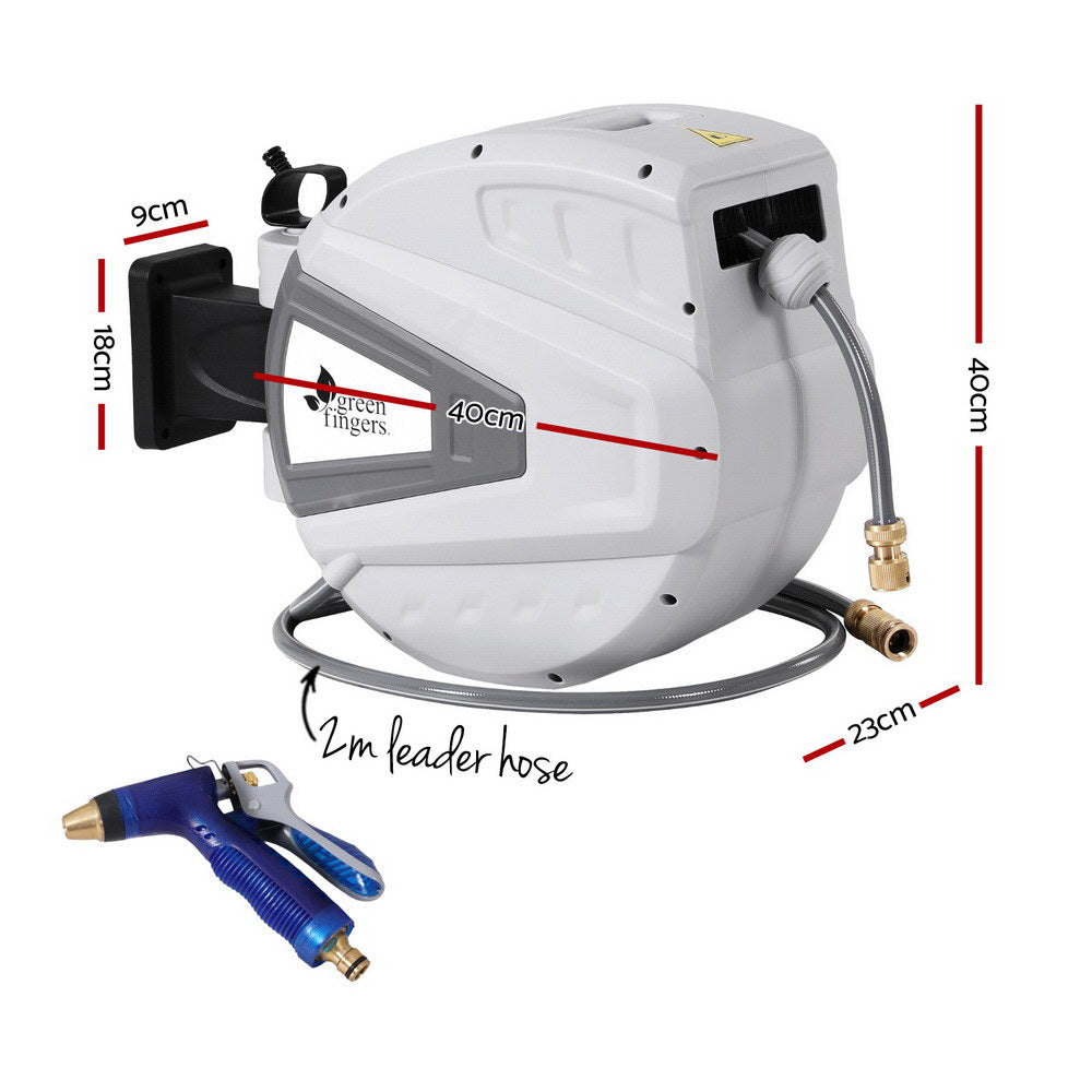 Green Fingers 30M Water Hose Reel Retractable Auto Rewind Wall Mount Garden Spray Gun HR-WA-AUTO-N-30M-MTL