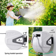 Green Fingers 30M Water Hose Reel Retractable Auto Rewind Wall Mount Garden Spray Gun HR-WA-AUTO-N-30M-MTL