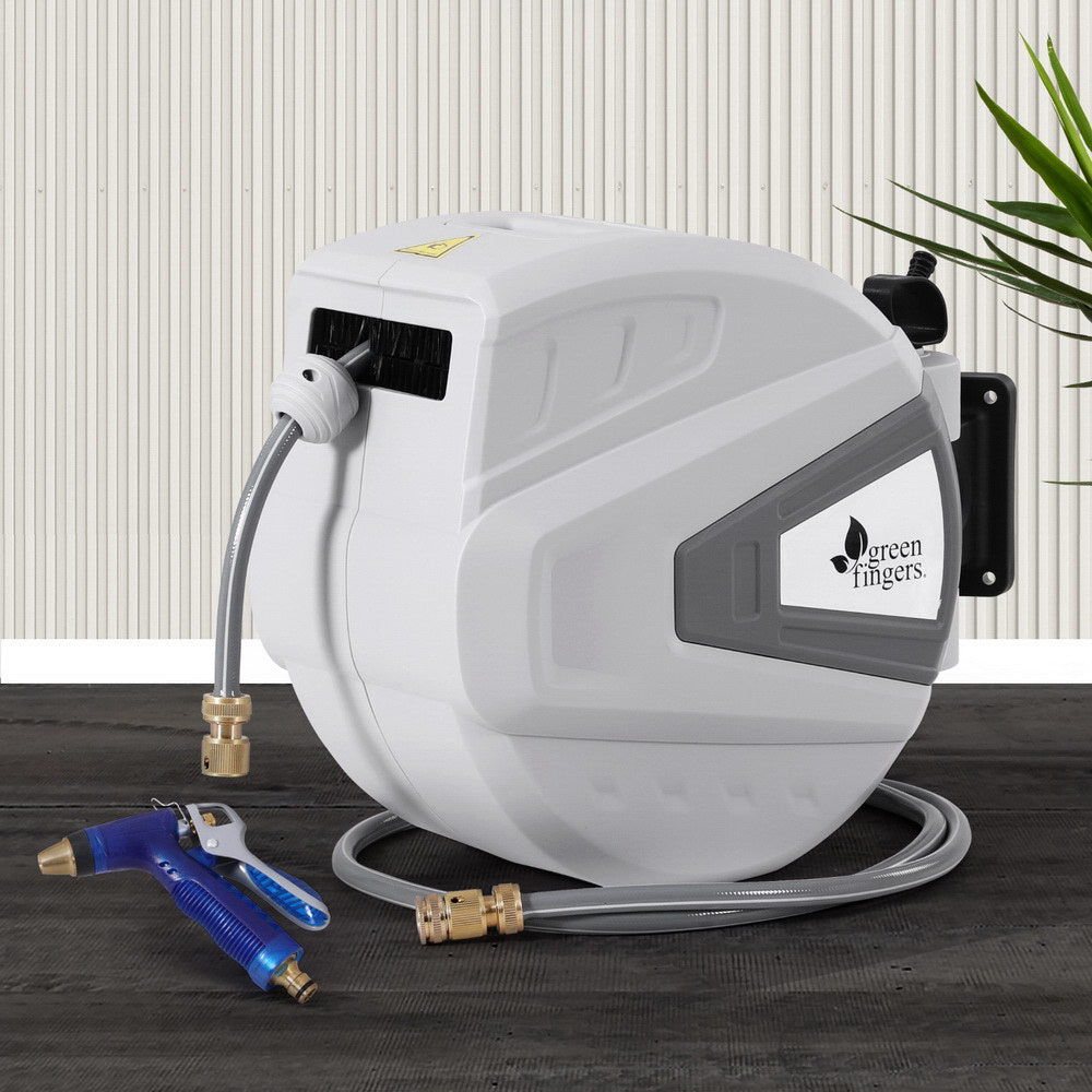 Green Fingers 30M Water Hose Reel Retractable Auto Rewind Wall Mount Garden Spray Gun HR-WA-AUTO-N-30M-MTL