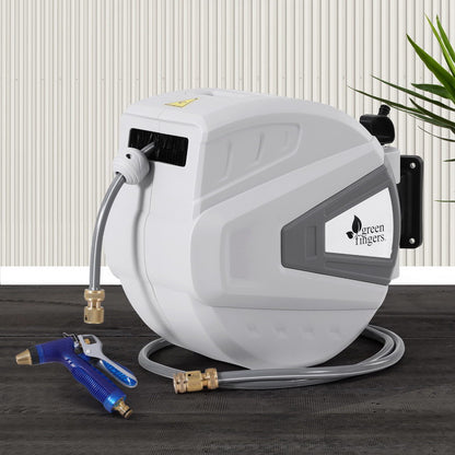 Green Fingers 30M Water Hose Reel Retractable Auto Rewind Wall Mount Garden Spray Gun HR-WA-AUTO-N-30M-MTL