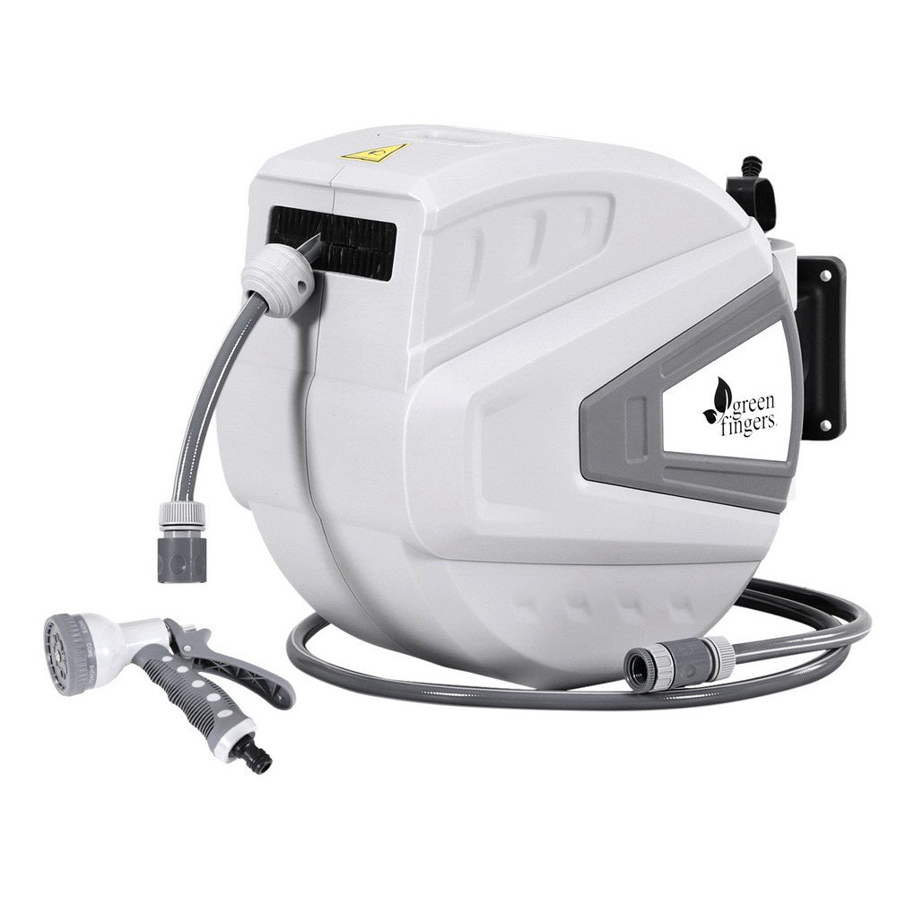 Green Fingers 30M Water Hose Reel Retractable Auto Rewind Wall Mount Garden Spray Gun HR-WA-AUTO-N-30M-PLS