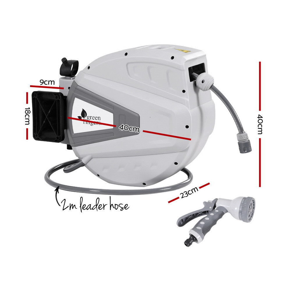 Green Fingers 30M Water Hose Reel Retractable Auto Rewind Wall Mount Garden Spray Gun HR-WA-AUTO-N-30M-PLS