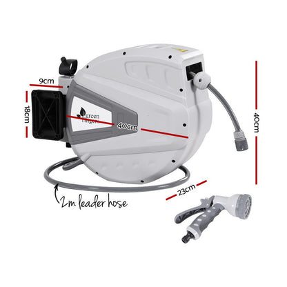Green Fingers 30M Water Hose Reel Retractable Auto Rewind Wall Mount Garden Spray Gun HR-WA-AUTO-N-30M-PLS