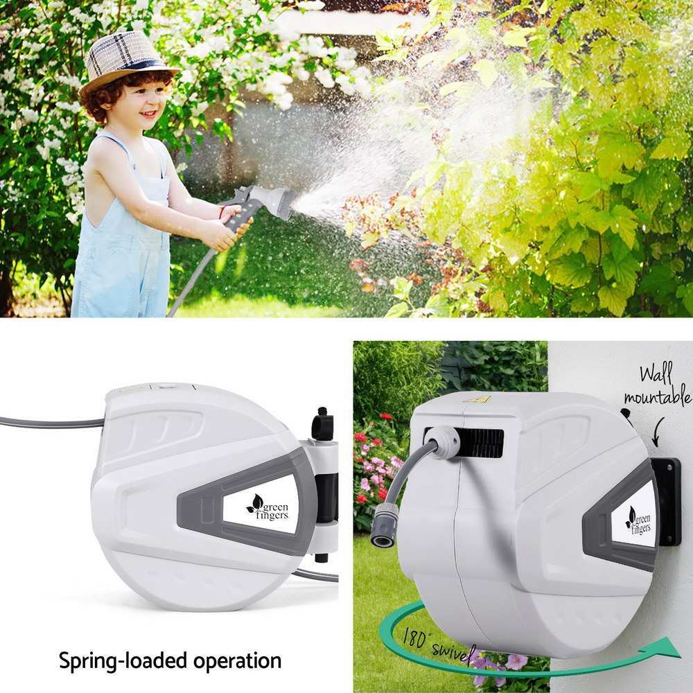 Green Fingers 30M Water Hose Reel Retractable Auto Rewind Wall Mount Garden Spray Gun HR-WA-AUTO-N-30M-PLS