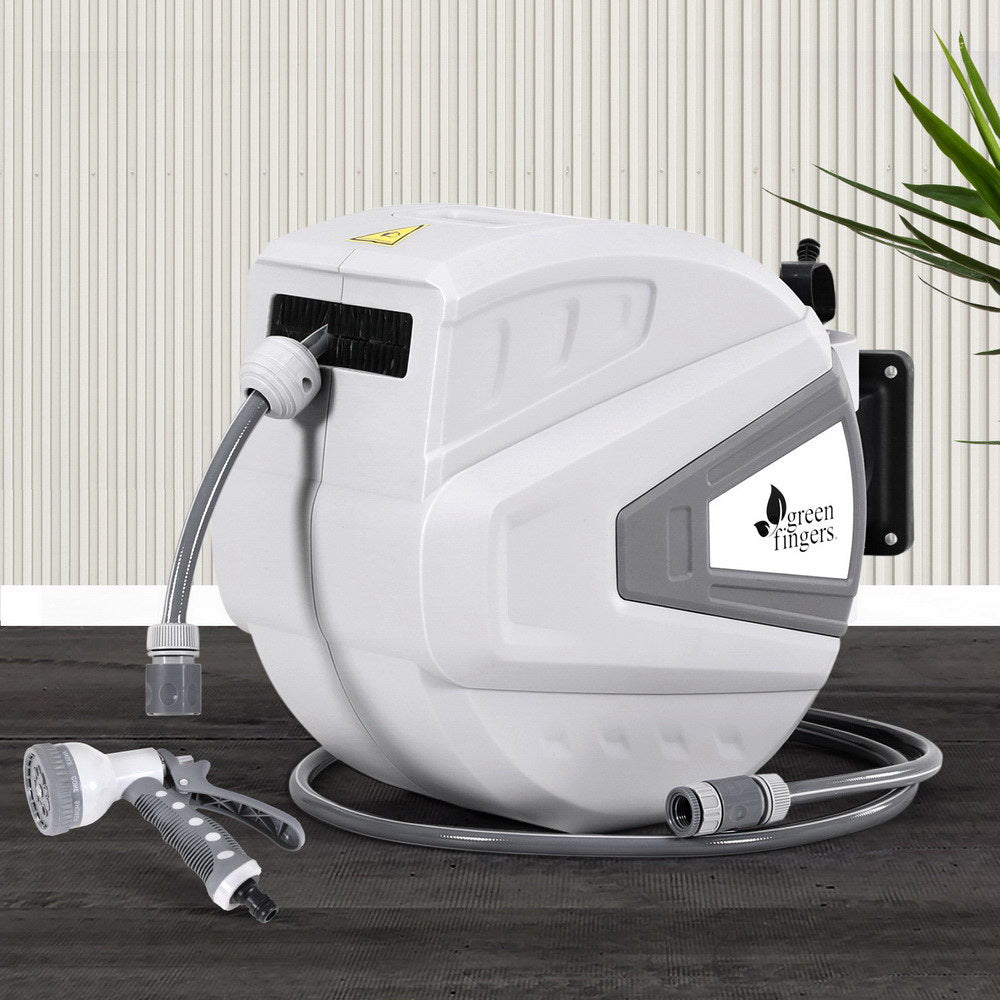 Green Fingers 30M Water Hose Reel Retractable Auto Rewind Wall Mount Garden Spray Gun HR-WA-AUTO-N-30M-PLS