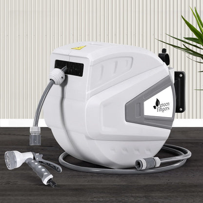 Green Fingers 30M Water Hose Reel Retractable Auto Rewind Wall Mount Garden Spray Gun HR-WA-AUTO-N-30M-PLS