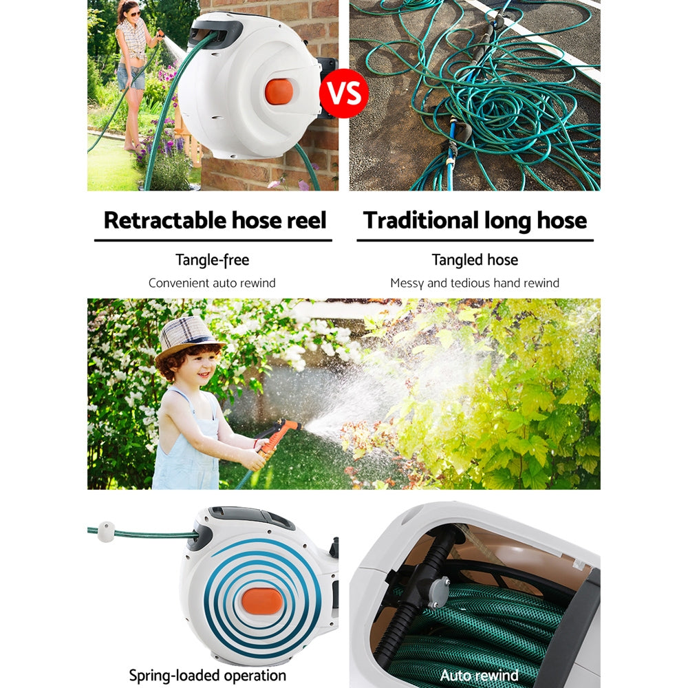 Greenfingers Water Hose Reel 20M Retractable Garden Brass Spray Gun Auto Rewind HR-WA-BNS-20M-MTL