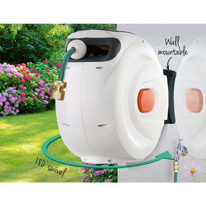 Green Fingers Water Hose Reel 30M Retractable Garden Brass Spray Gun Auto Rewind HR-WA-BNS-30M-MTL