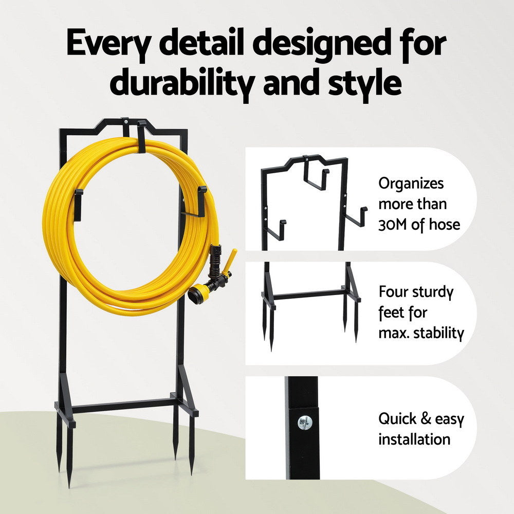 Green Fingers Garden Hose Holder Metal Portable Freestanding Hose Stand 4 Spikes Black HR-WA-HOLD-BK