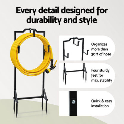 Green Fingers Garden Hose Holder Metal Portable Freestanding Hose Stand 4 Spikes Black HR-WA-HOLD-BK