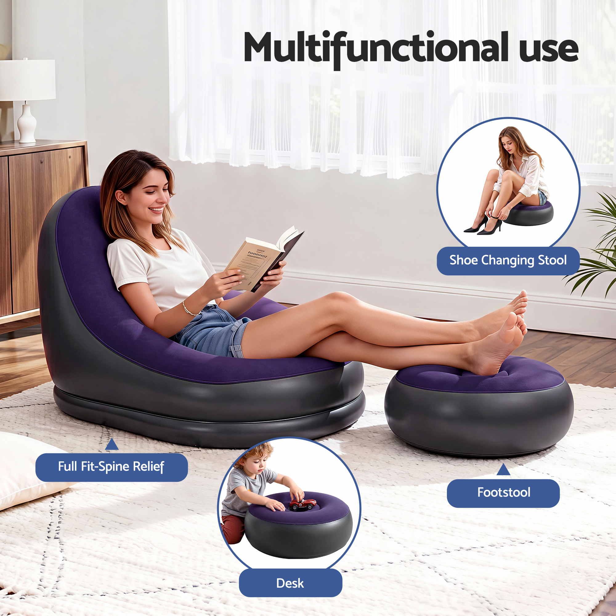 Gardeon Inflatable Chair with Ottoman Air Sofa Blow Up Air Chair for Camping with Pump Purple