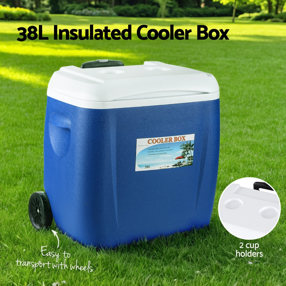 Glacio 38L Portable Ice Cooler Box With Wheels Camping Fridge ICE-COOLER-38L-WHEEL-BL