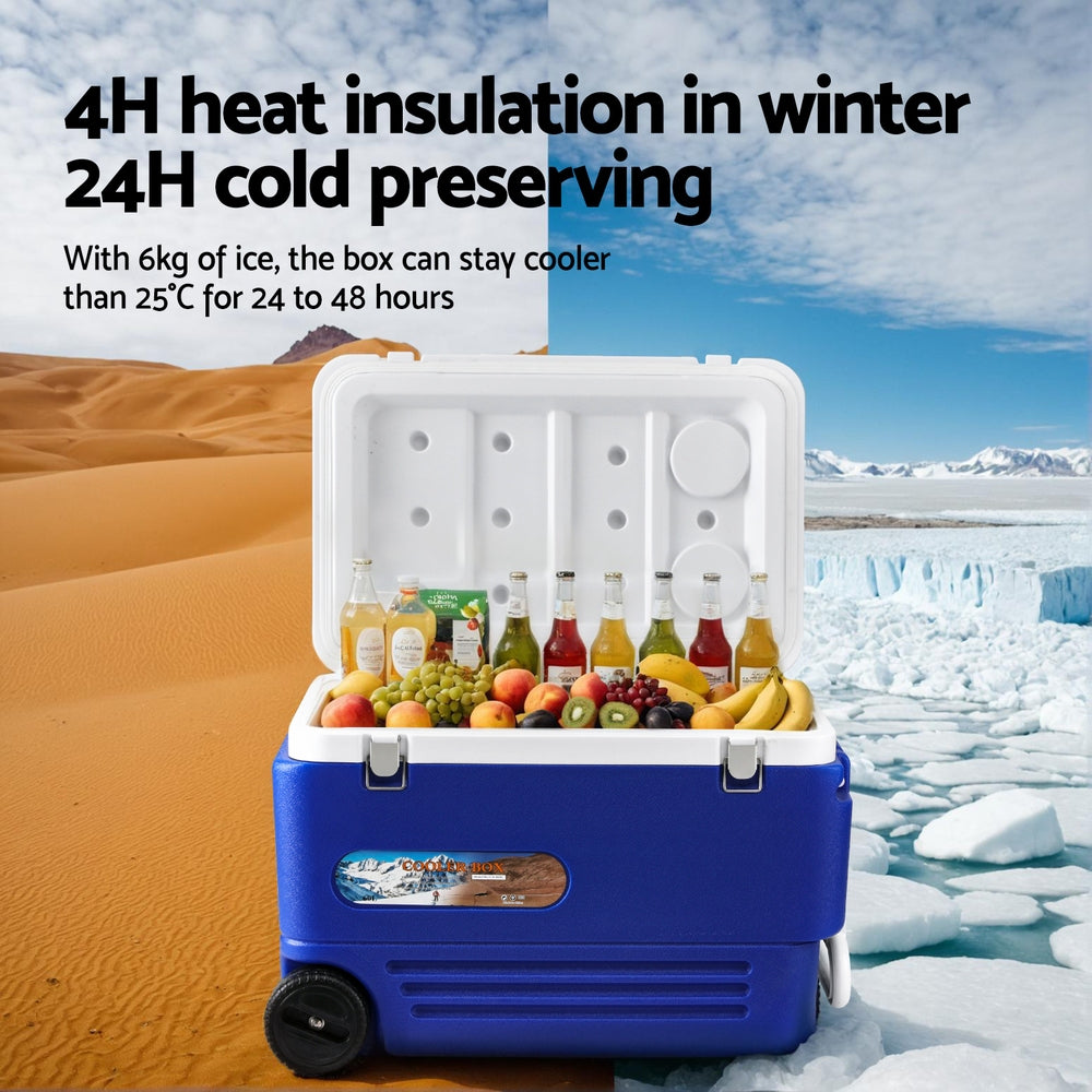 Glacio 60L Portable Ice Cooler Box With Wheels Camping Fridge ICE-COOLER-60L-WHEEL-BL