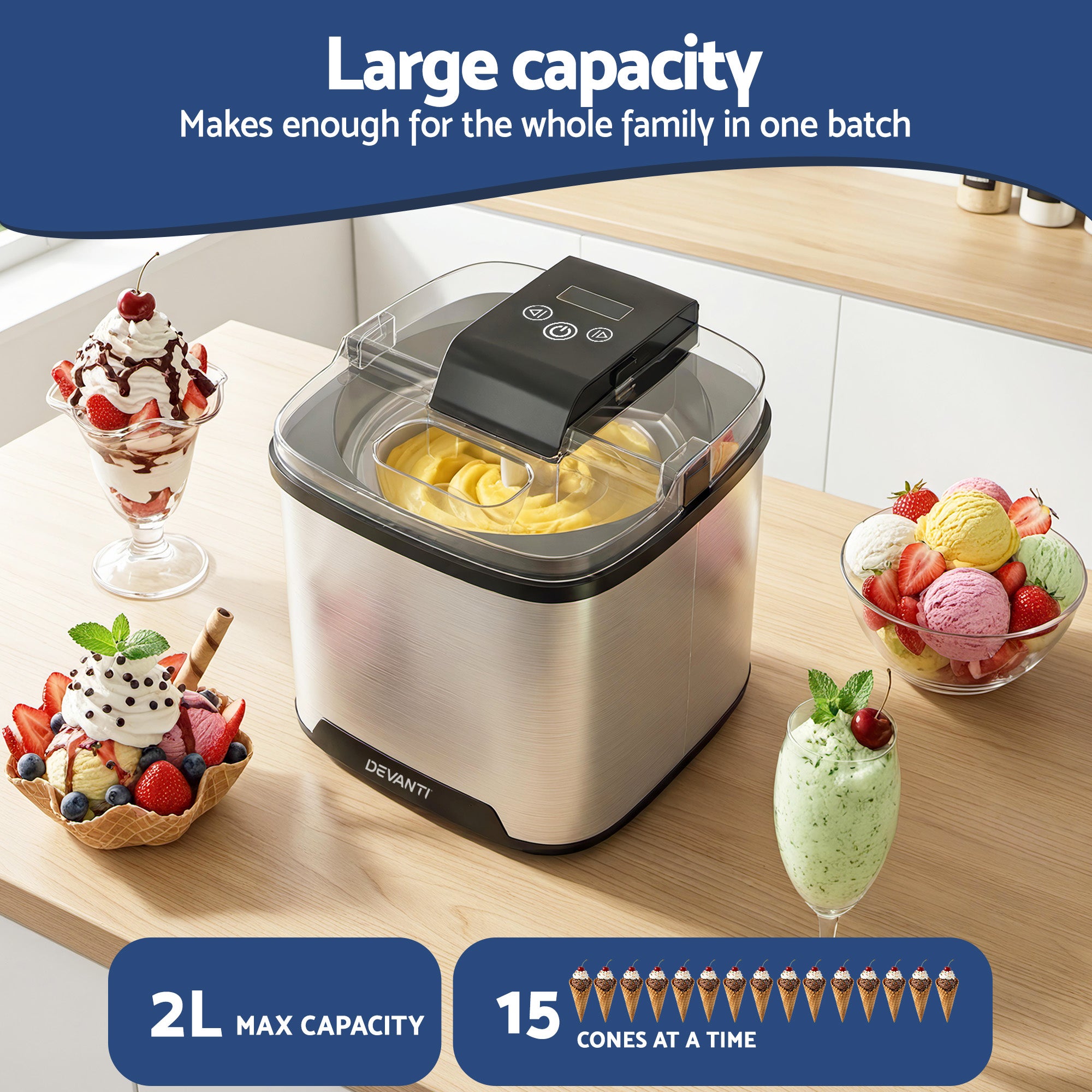 Devanti Ice Cream Maker Machine 2L Homemade Gelato Sorbet Frozen Drinks Sliver ICM-A-SFS02-BK
