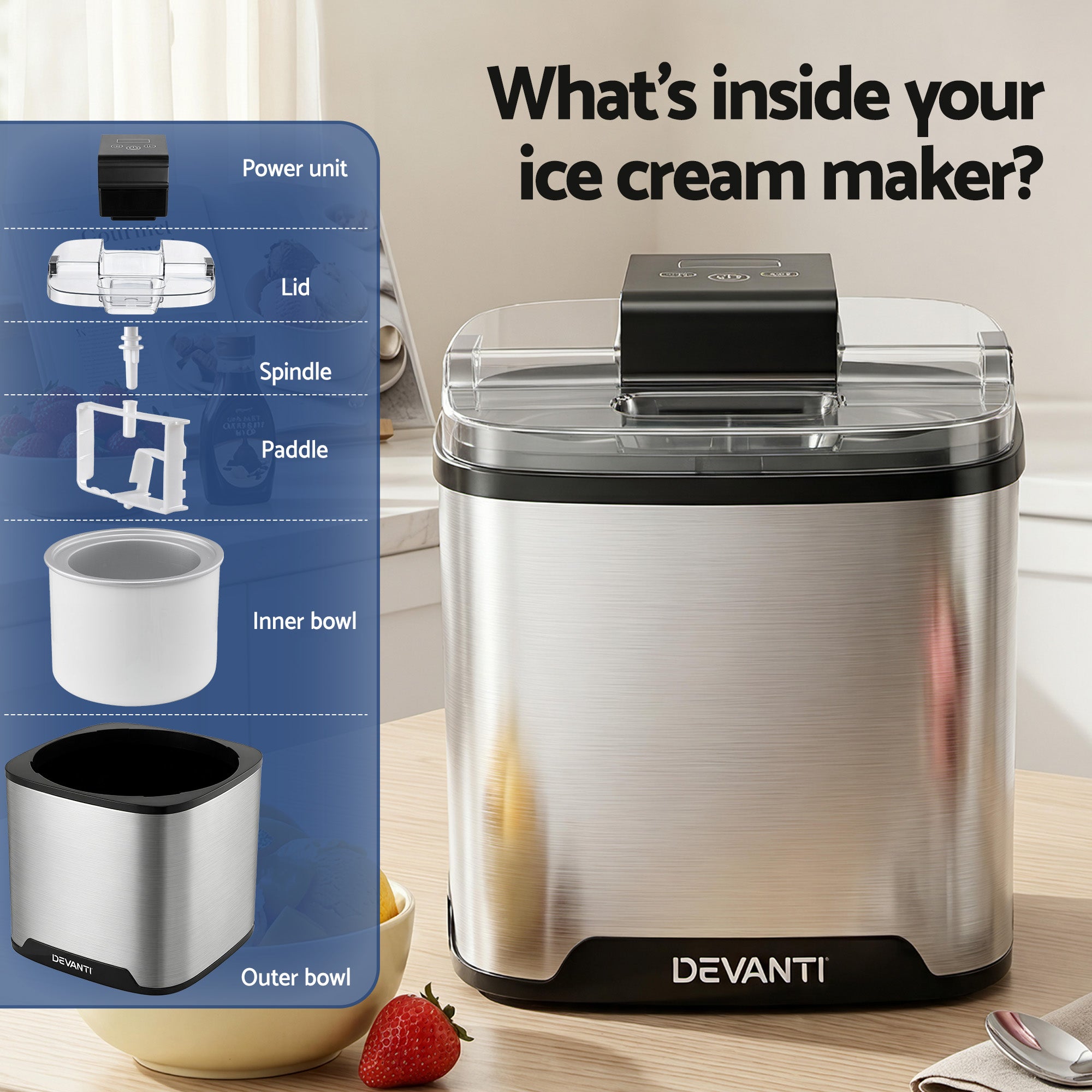 Devanti Ice Cream Maker Machine 2L Homemade Gelato Sorbet Frozen Drinks Sliver ICM-A-SFS02-BK