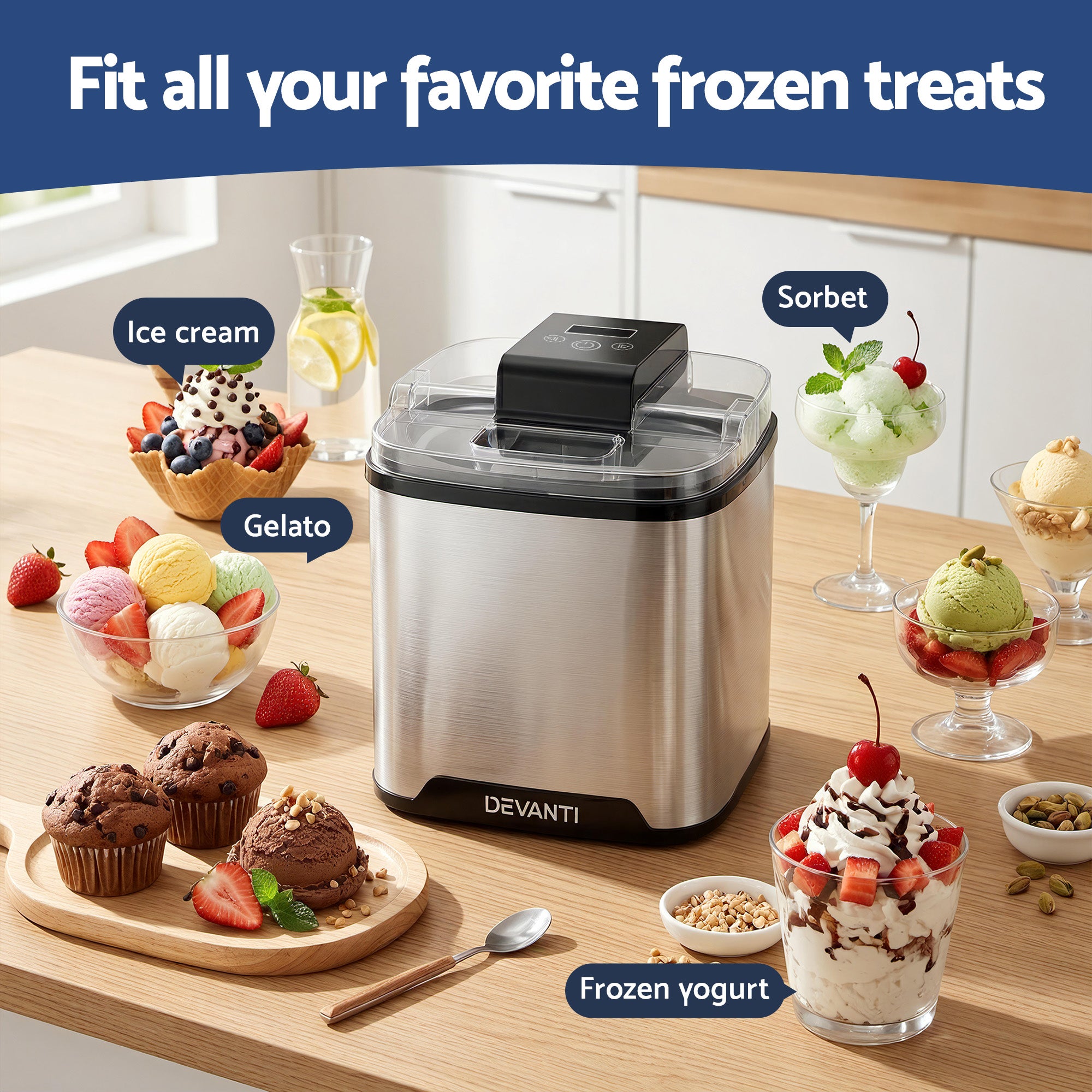 Devanti Ice Cream Maker Machine 2L Homemade Gelato Sorbet Frozen Drinks Sliver ICM-A-SFS02-BK