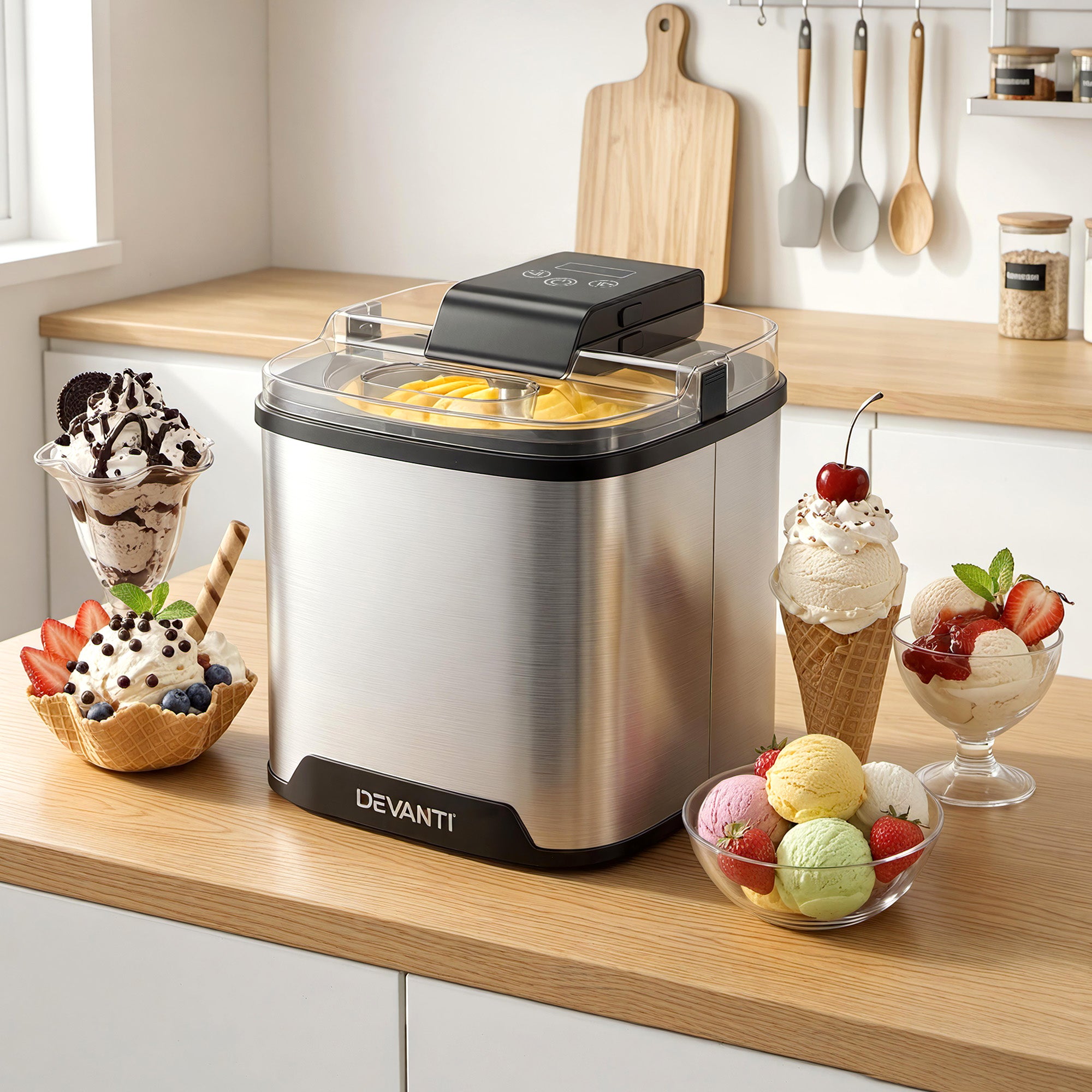 Devanti Ice Cream Maker Machine 2L Homemade Gelato Sorbet Frozen Drinks Sliver ICM-A-SFS02-BK
