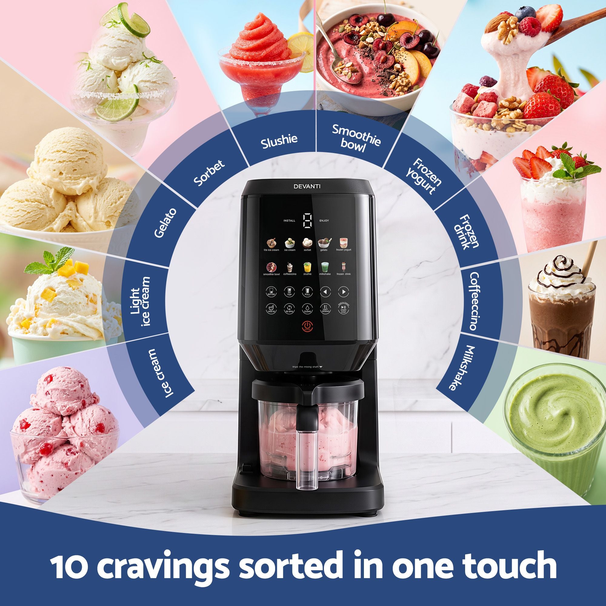 Devanti 10-in-1 Ice Cream Maker Machine Homemade Gelato Sorbet Smart Portion Control Custom Mix-Ins ICM-SFS01-BK