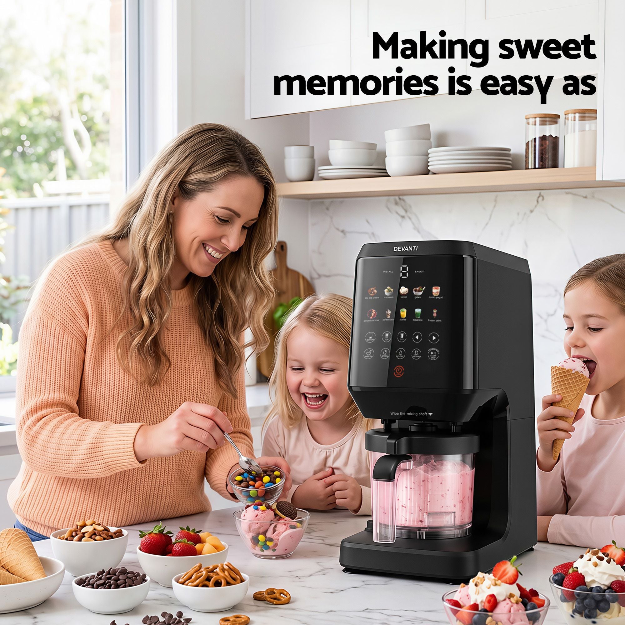 Devanti 10-in-1 Ice Cream Maker Machine Homemade Gelato Sorbet Smart Portion Control Custom Mix-Ins ICM-SFS01-BK