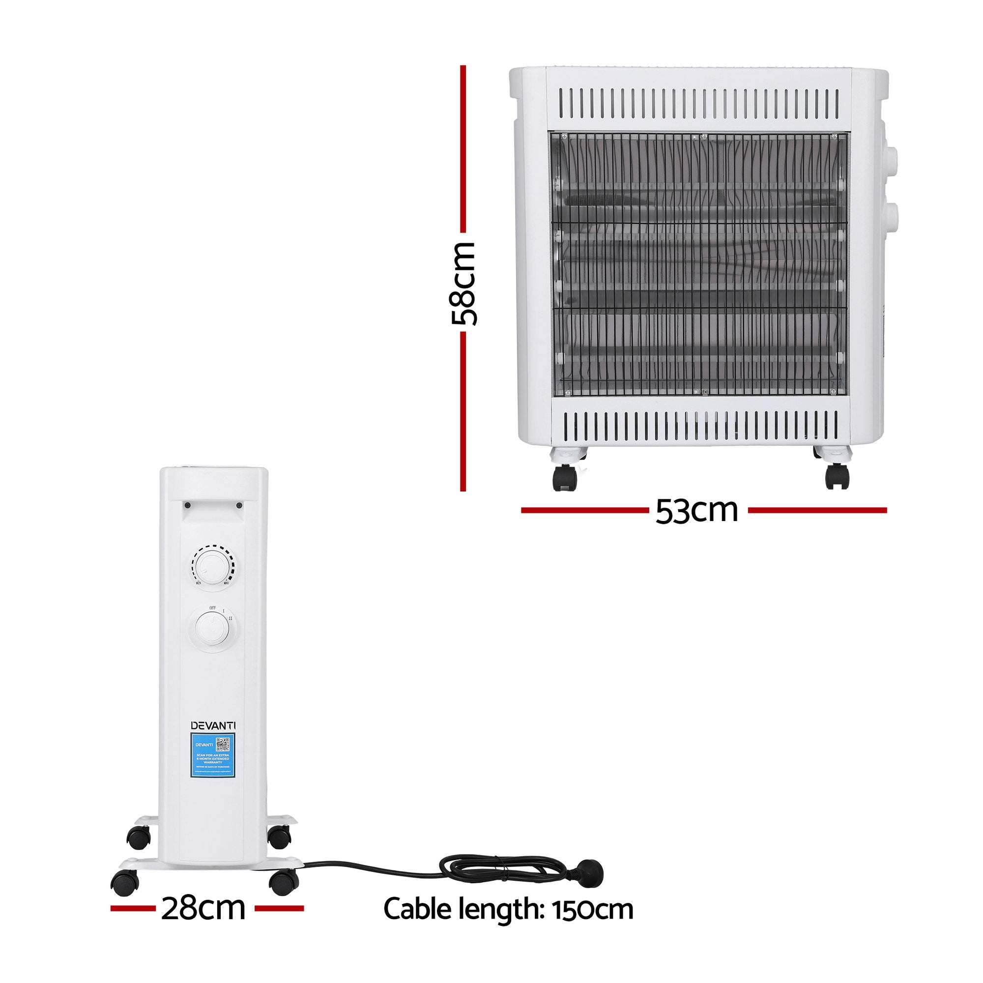 Devanti 2200W Infrared Radiant Heater Portable Electric Space Heating White IH-B21-WH