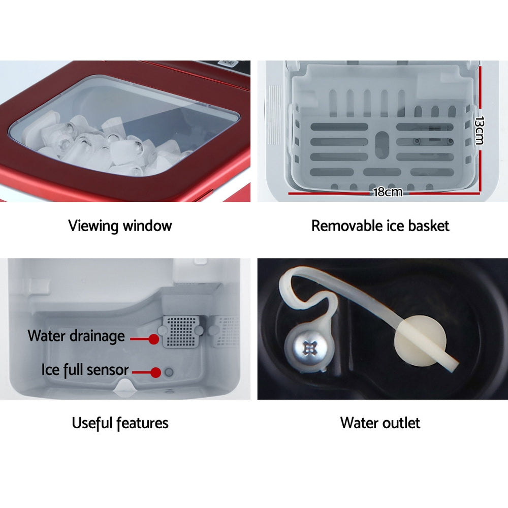 DEVANTi Portable Ice Cube Maker Machine 2L Home Bar Benchtop Easy Quick Red IM-ZB-12B-RED