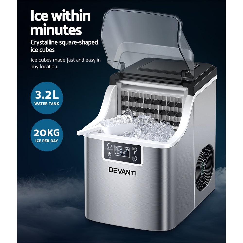 Devanti Ice Maker Machine Commercial Portable Ice Cube Tray Countertop 3.2L IM-ZB-20F-SS